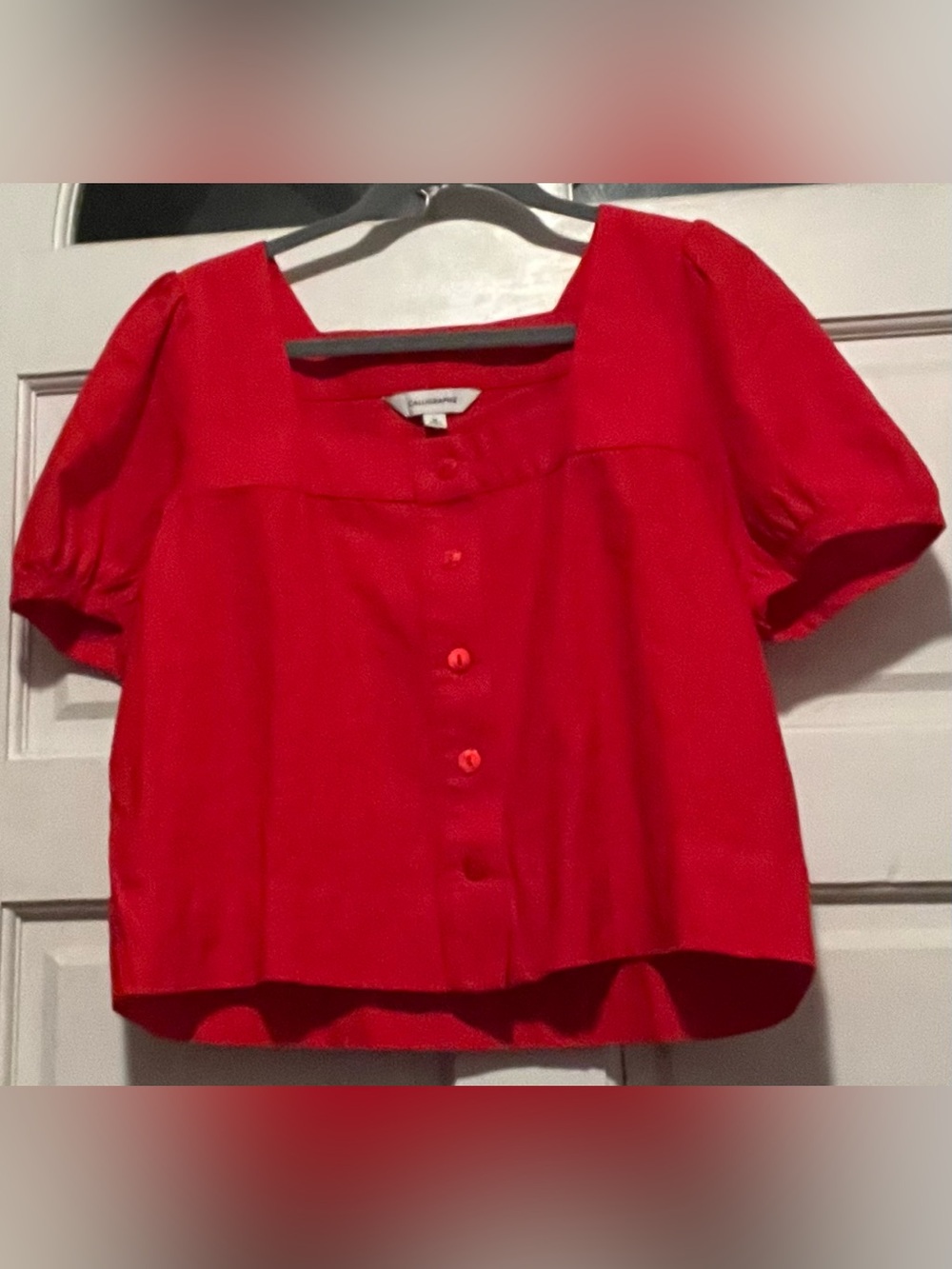 Calligraphie Crimson Red Square Neck Puff Sleeve Blouse - Size Medium